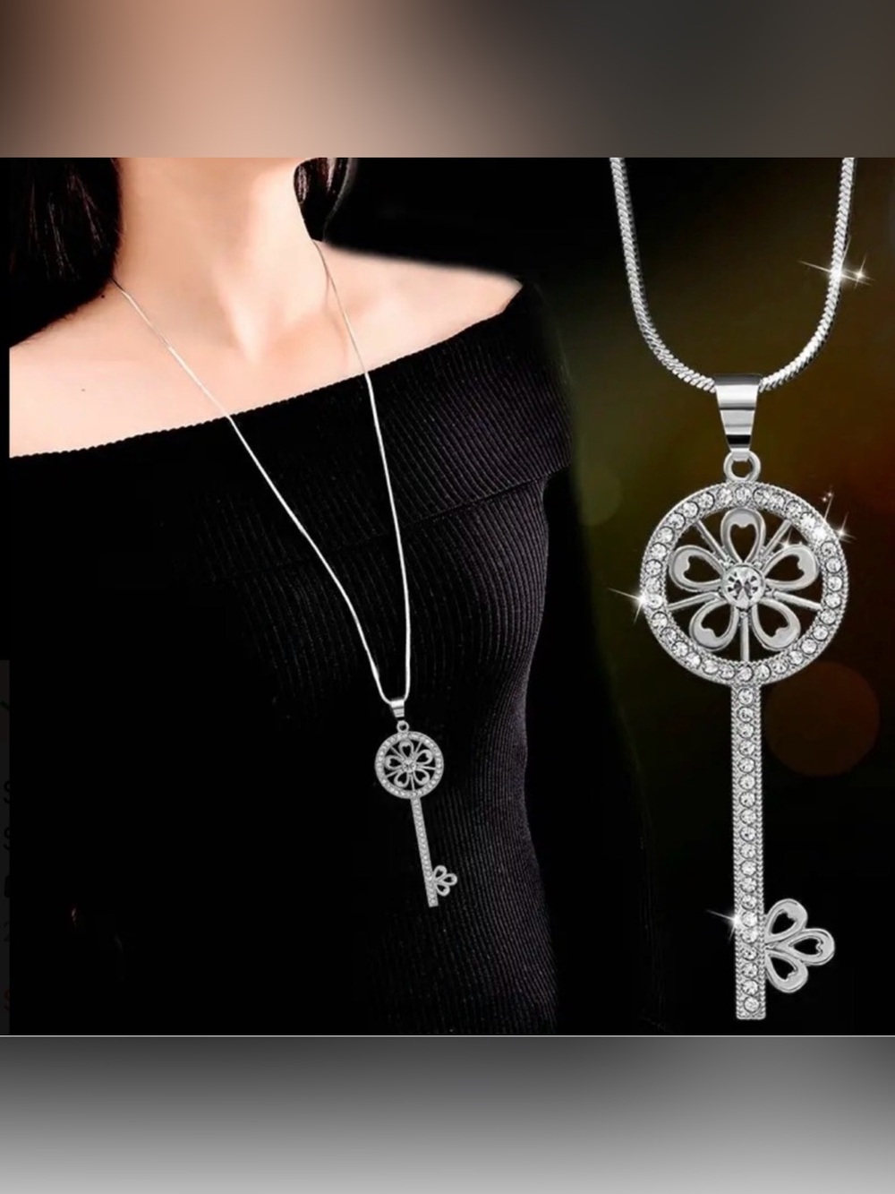 silvery crystal-encrusted key pendant necklace floral detail delicate long chain